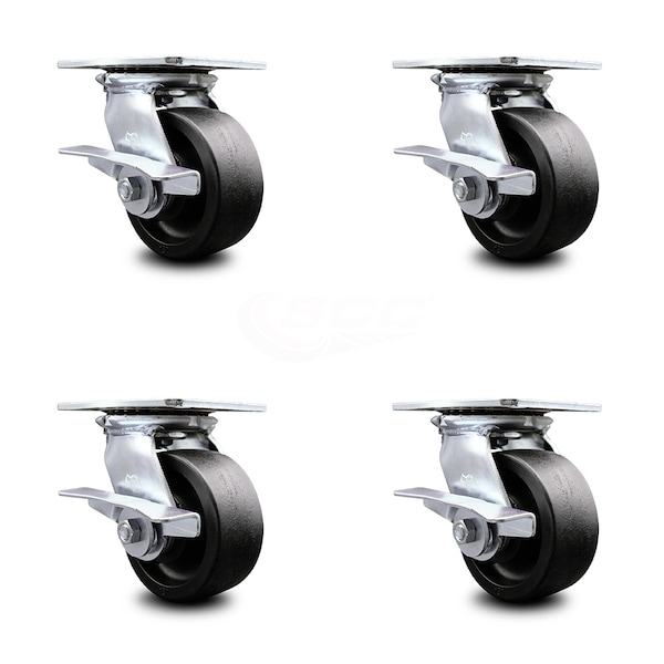 5 Inch Heavy Duty Glass Filled Nylon Caster Set with Ball Bearings and Brakes